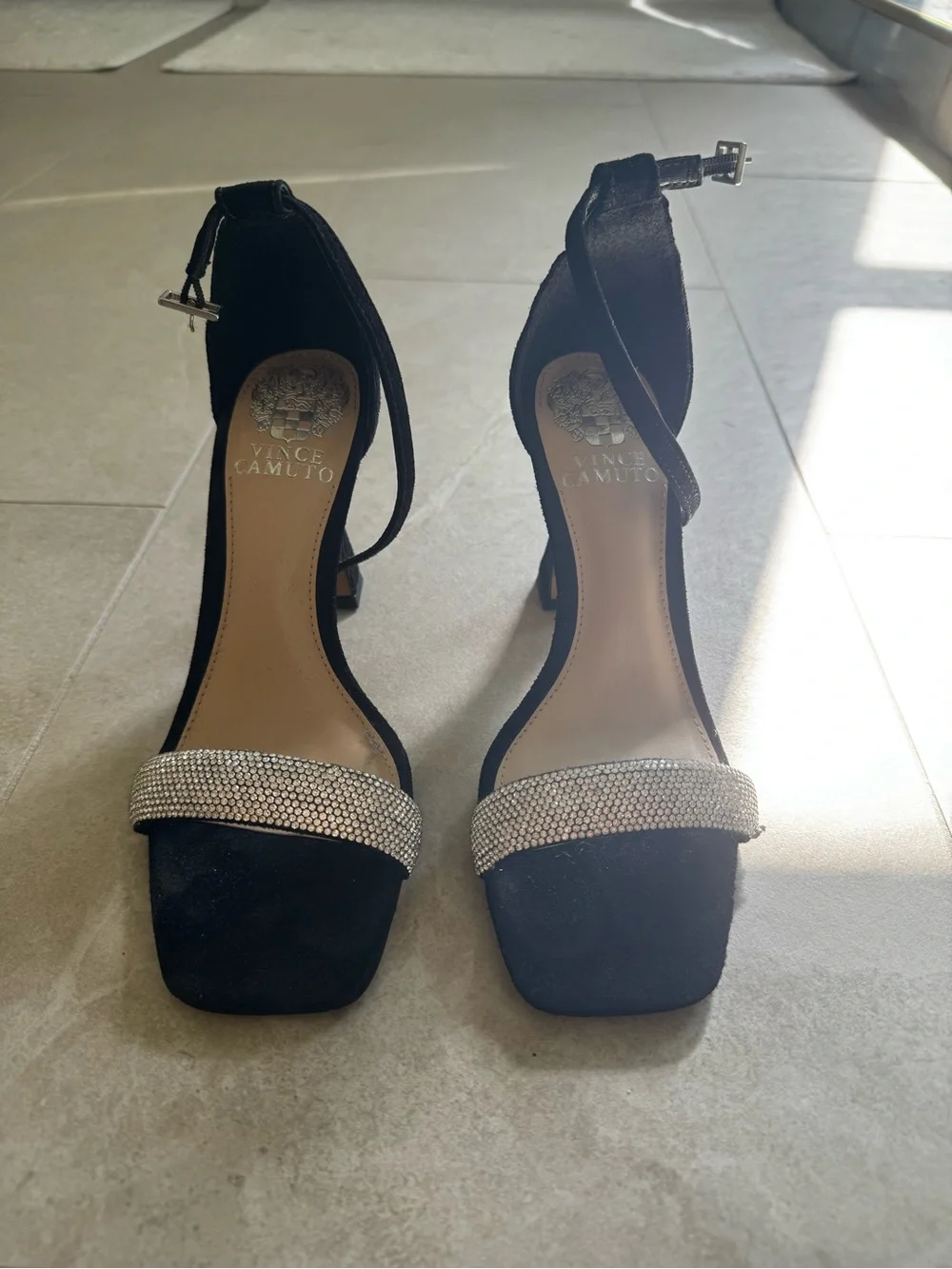 Vince Camuto Black Rhinestone Strap Block Heel Sandals